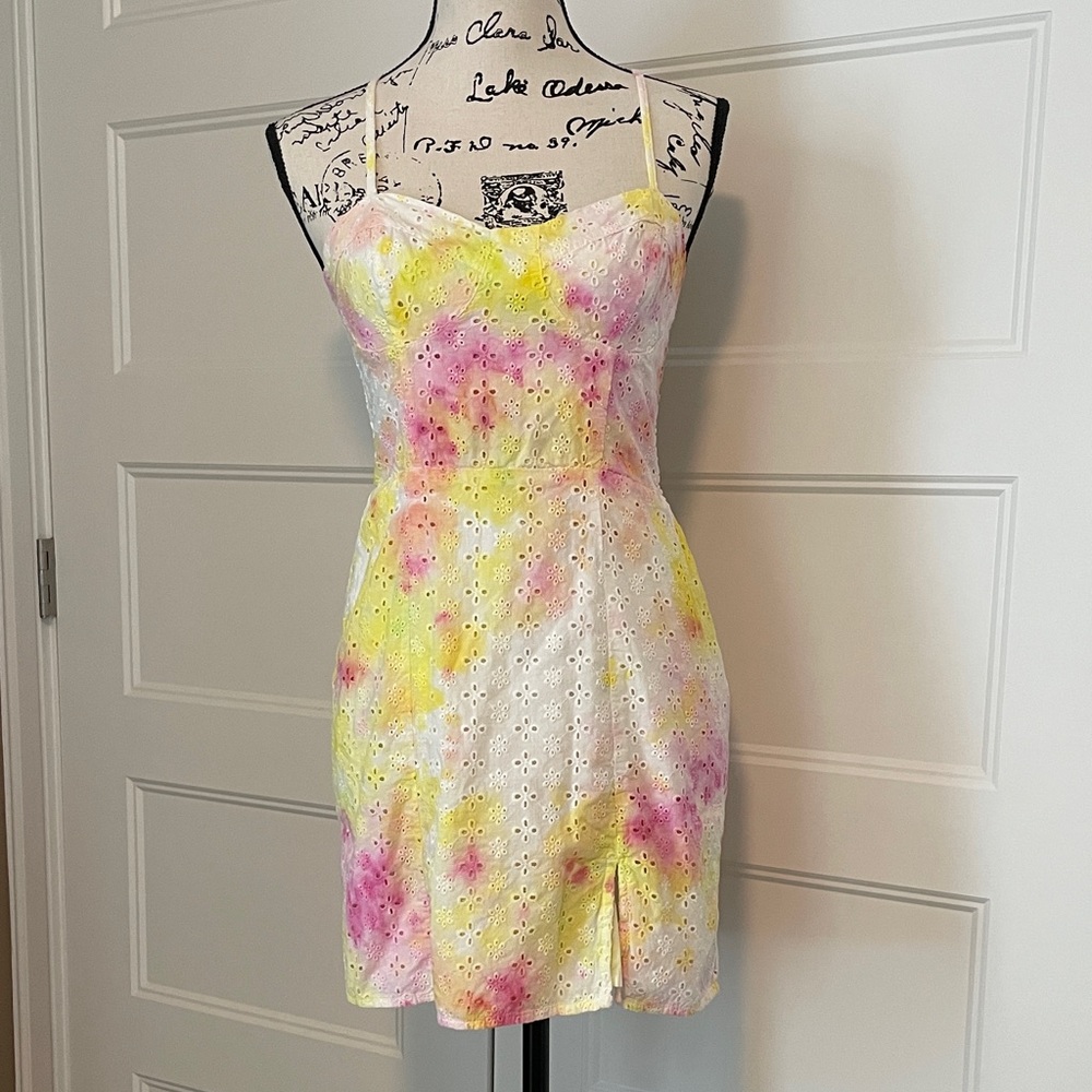 Aeropostale Floral Eyelet Mini Dress - Pink, Yellow, White Tie Dye
